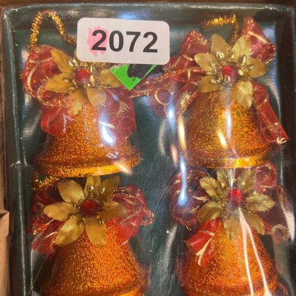 Set Of 12 Glittering Orange Bell Christmas Ornaments W Red & Gold Embellishments - Picture 12 of 12